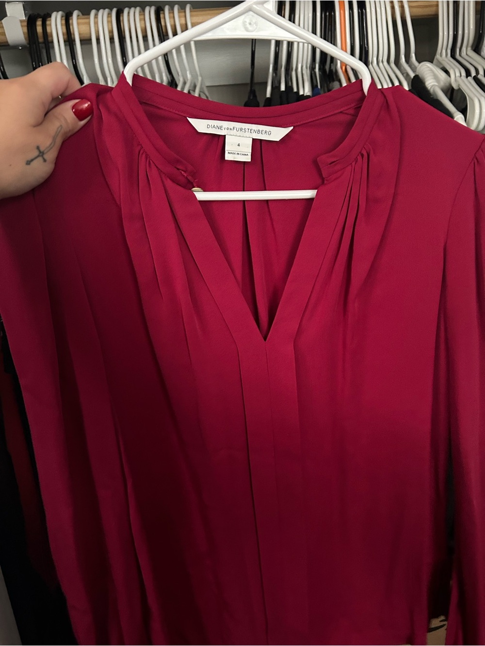 Diane von Furstenberg Deep Raspberry Pleated V-Neck Blouse
